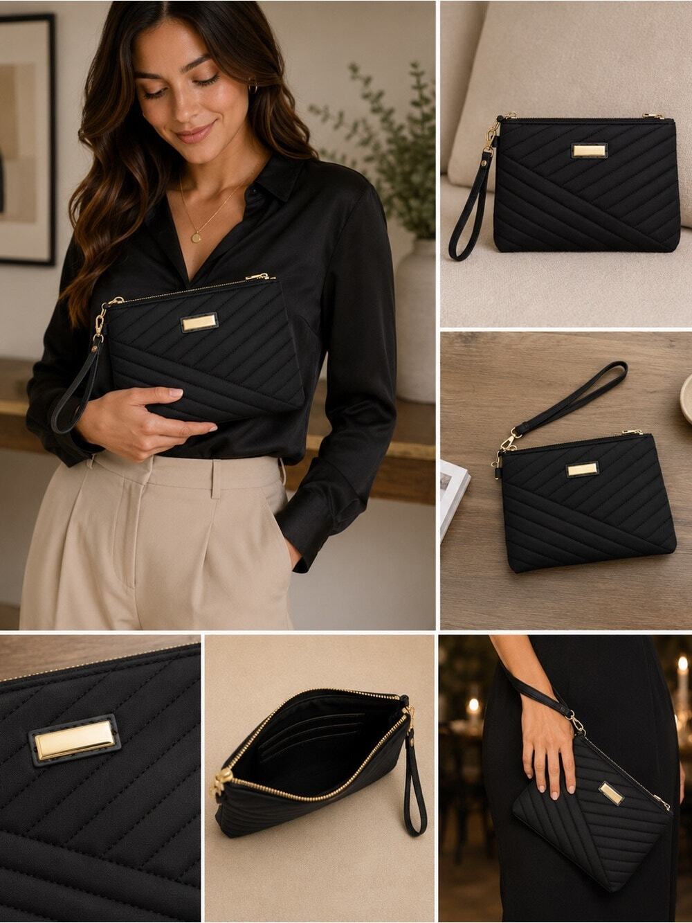 Black Quilted Wristlet Clutch Pouch Gold Hardware Zip Top Evening Bag Purse